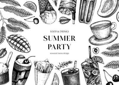 Summer party background. Non-alcoholic beverage, mocktail, ice cream, fruit, cocktail sketches. Hand drawn vector illustration. Summer food festival frame. Tropical design in vintage style